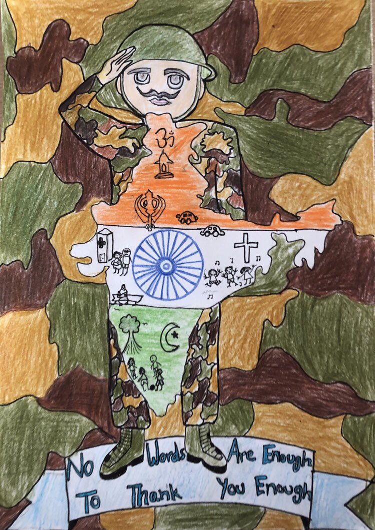 amit_bhandari's tweet photo. #IndianArmy #KargilVijayDiwas ..salute to our bravehearts👮👮🏻‍♂️..A sketch by my 12 year old niece. https://t.co/d6yzu1Gk8Z