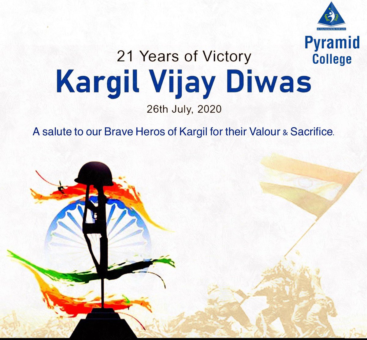 pyramidcollege's tweet photo. Pyramid College salute all the brave soldiers of #IndianArmedForces who laid down their lives fighting for our #Nation.
Remembering the brave soldiers that won the Kargil War on this day in 1999.
#PyramidCollege #Kargil #Vijay #Diwas #SaluteOurHeroes #PCBT #ThinkPCBT #ThinkFuture https://t.co/pteUHzqTZC