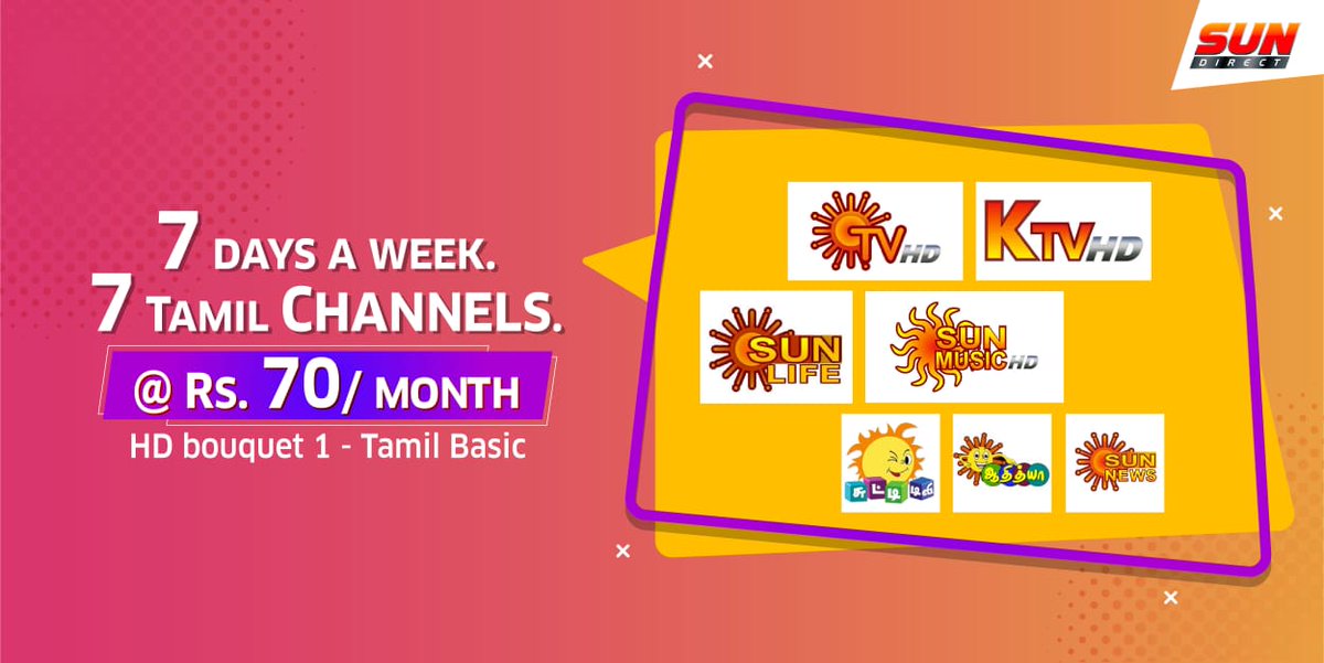 SUNDIRECTIndia's tweet photo. If you are a fan of Tamil TV programs, here is the right choice for you. Get HD bouquet 1 - Tamil & Watch your favourite Sun TV HD, Sun Music HD, KTV HD, Chutti TV, Adithya TV, Sun Life, Sun News and enjoy the day!
#sundirect #dth #hdpackages #Hdchannels #Hdbouquet https://t.co/DW7TAG41gw