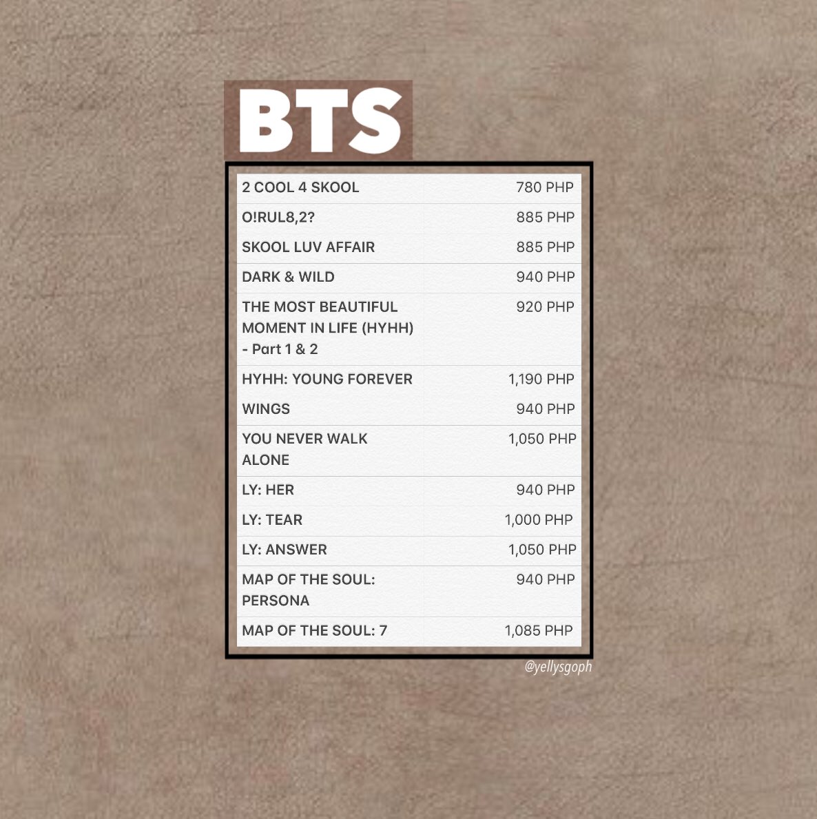 yellysgoph's tweet photo. [PH GO 🇵🇭] ASSORTED ALBUMS
🛒 PLEASE SEE FORM FOR DETAILS (link in bio)

✨Counted in Charts
✨under Normal ETA
✨Freebies 🎁

#YellysPHGO #phgrouporder #grouporder #kpopalbums https://t.co/ptjKAZ2vxl