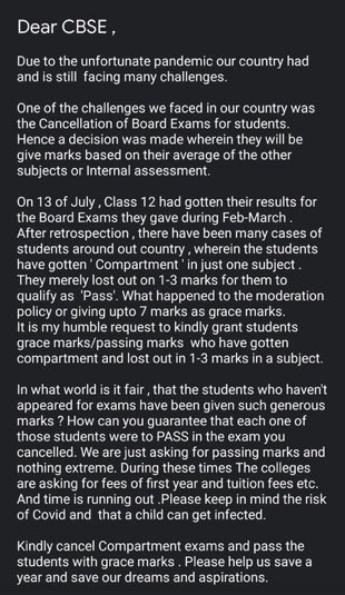 NidhiTanejaa's tweet photo. From a CBSE Compartment student: "Many students have got compartment in just one subject, failed by just 1-3 marks. Cancel exams, pass students by awarding them grace marks"  @cbseindia29 https://t.co/RQHBev3jtR