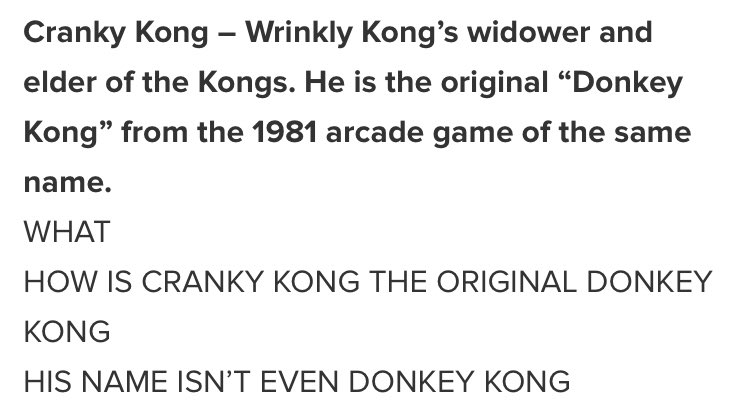 This article is killing me https://the-toast.net/2014/01/28/donkey-kong-relationship-surprise-index/