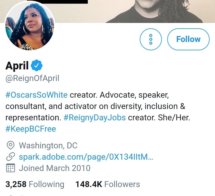 #6April Reign #OscarsSoWhite Hashtag Another reference to Talib Kweli's slanderous article in defense of a violent friend. https://twitter.com/ReignOfApril/status/1116711012357550082?s=20Grievance https://twitter.com/AdosGrievances/status/1118235595271278592?s=20