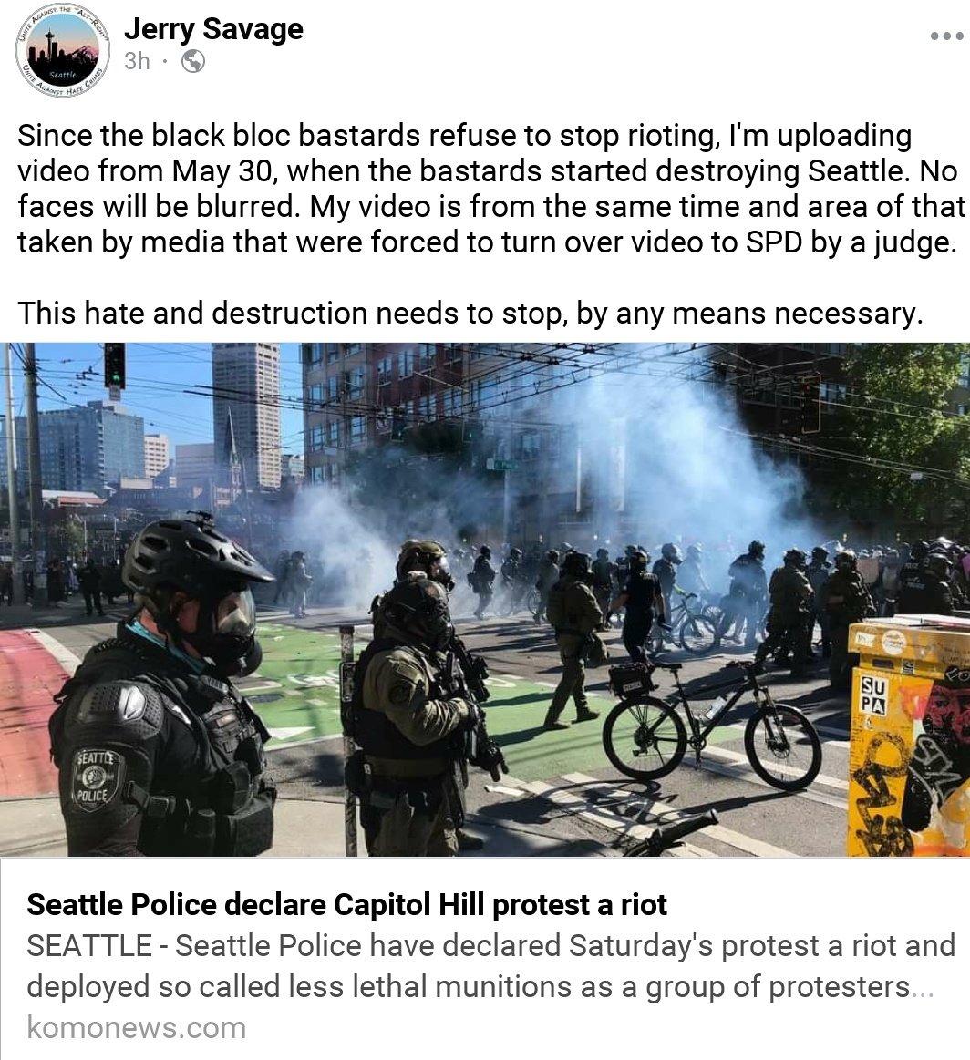 AlyciaRamirez3's tweet photo. Jerry Savage, who calls himself an anti fascist, is now publically saying he is going to turn over his unedited footage of protesters to SPD. 

He was at today's protest in Seattle. Please use caution if you see him. 

Real anti fascists don't work with cops as informants. https://t.co/bk8XJAwLVx