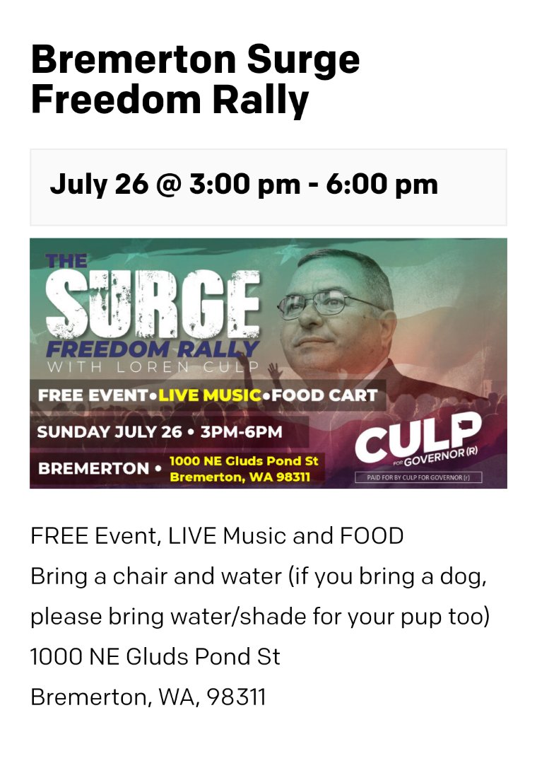 IamMonicaRae's tweet photo. Hey #Bremerton! Come out & enjoy some great music and good food while you get to know our next governor, @LorenCulp! Listen as he shares his vision for a working #WashingtonState!
#Kitsap
#PortOrchard
#KitsapCounty
#WashingtonStatePrimary
#Culp2020
#Culp
https://t.co/QWoa8XSVUW https://t.co/rb4w5kB1XC