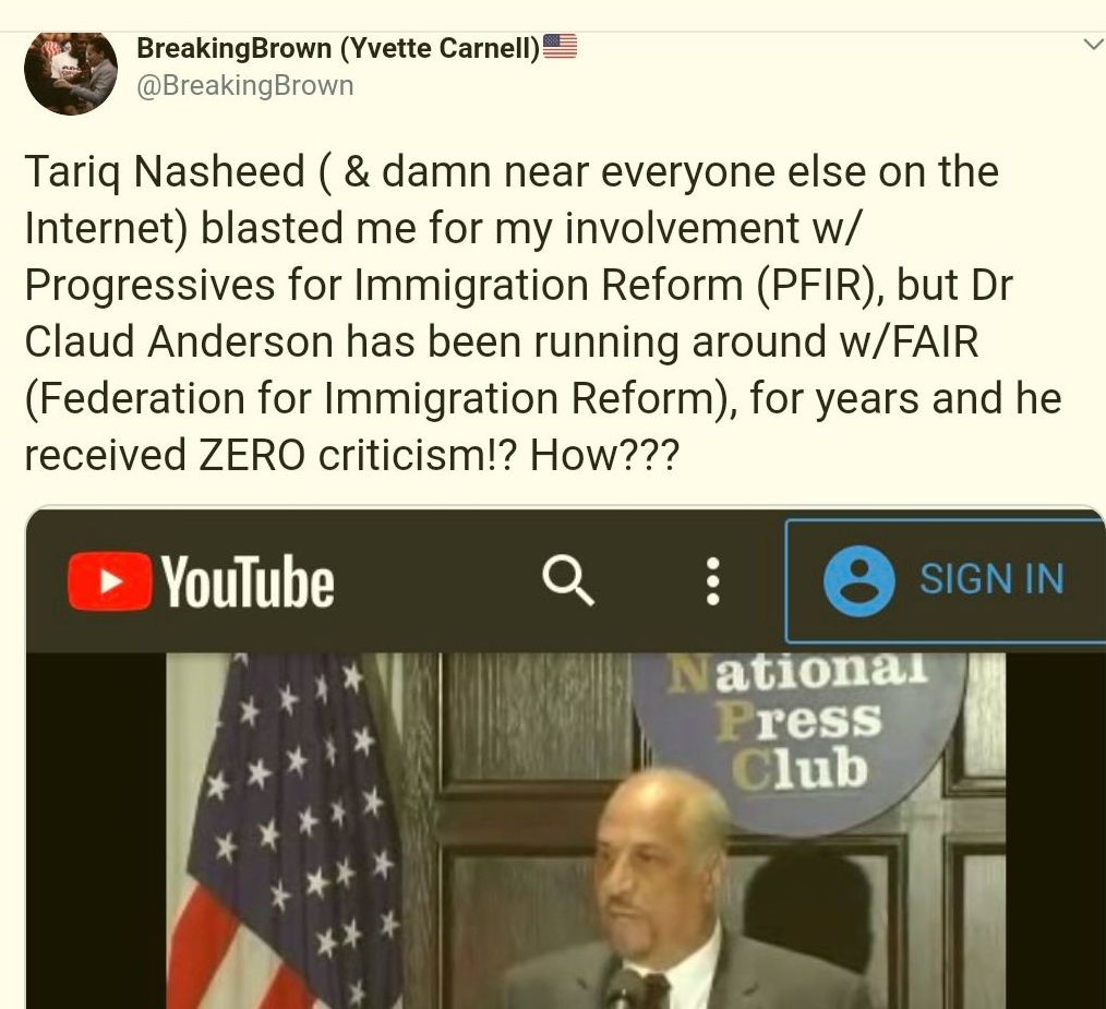  About PFIR & Talib Kweli?Why attack Yvette Carnell, but not Dr. Claude Anderson, an elder Talib greatly respects. Anderson spoke before the same PFIR organization with no accusations of anti-immigrant or xenophobia. Politics? https://twitter.com/i/status/1219419311728660480