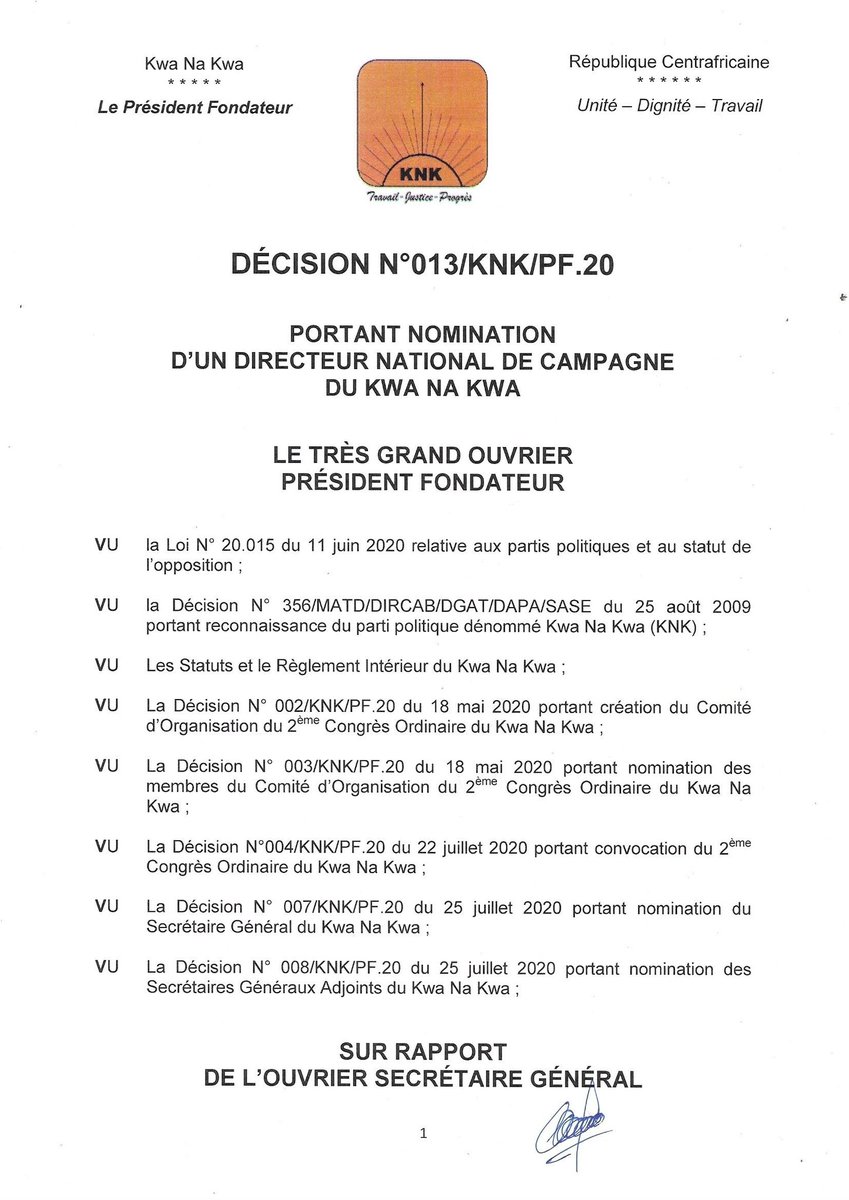 CGuenebem's tweet photo. INFO 2ème CONGRÈS ORDINAIRE du Kwa Na Kwa
Je remercie sincèrement notre candidat #FrançoisBozizé de m'avoir choisi pour diriger sa campagne pour la présidentielle à venir.
#KNK #avecBoz #lavictoireen2021 https://t.co/uauRjlfe4A