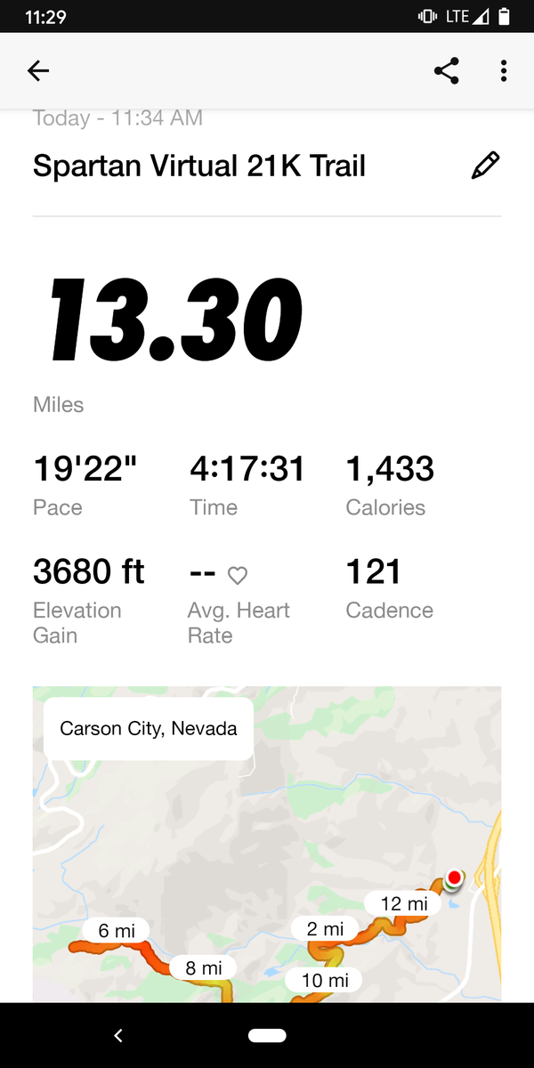 Thafuture40's tweet photo. @SpartanRace Day 1 of Virtual Trail. 21K in the books and activated Mountain Mode.
#SpartanVirtualTrail #SpartanVirtual21KTrail #FinishStrong #Unbreakable #MountainMode https://t.co/fBlt53REmS