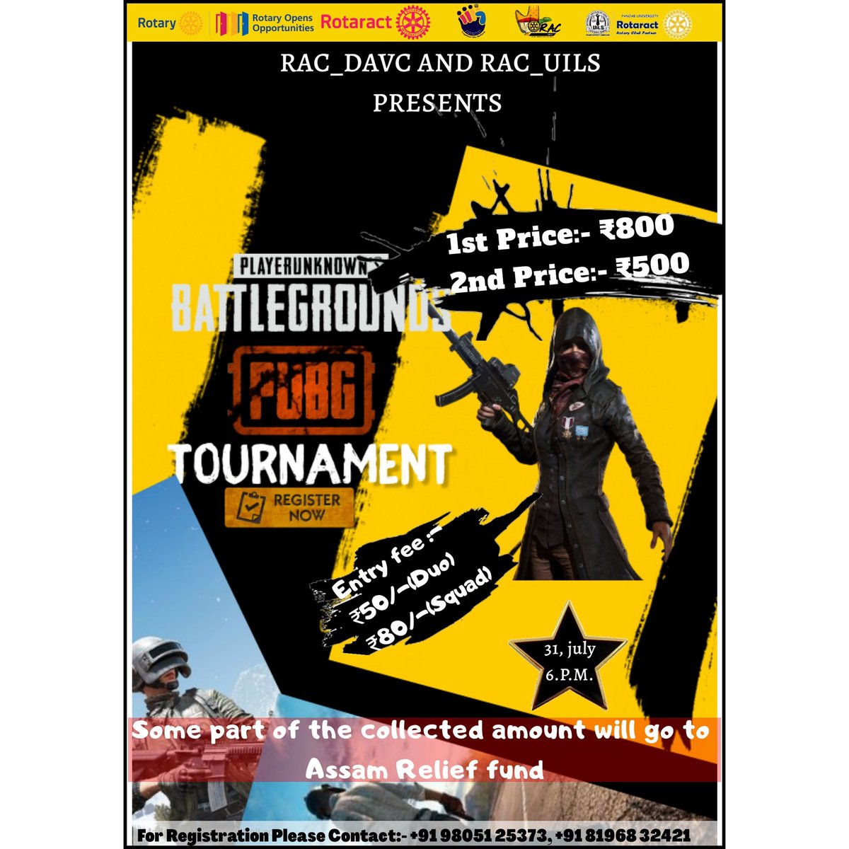 DavcRotaract's tweet photo. The Rotaract club if DAV Chandigarh, alongside Rotaract club of UILS is organising a PUB G Tournament on 31st July 2020.  A total cash prize of 1300 to be provided to winners.
So soldiers save your dates and we'll meet you in the battle ground on 31st July
#rotaract #pubg https://t.co/cUPs1xkxR0