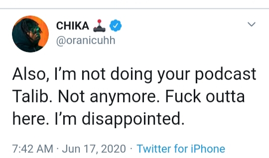 #11ChikaRapper Chika, posted Talib Kweli's propaganda affiliating Yvette Carnell with MAGA for wearing a prop hat briefly in a show. Context of Conversation: double standards in cultural appropriation. She later separated herself from Talib.  https://twitter.com/HEl_I_Oados_usa/status/1240753770914394113?s=20