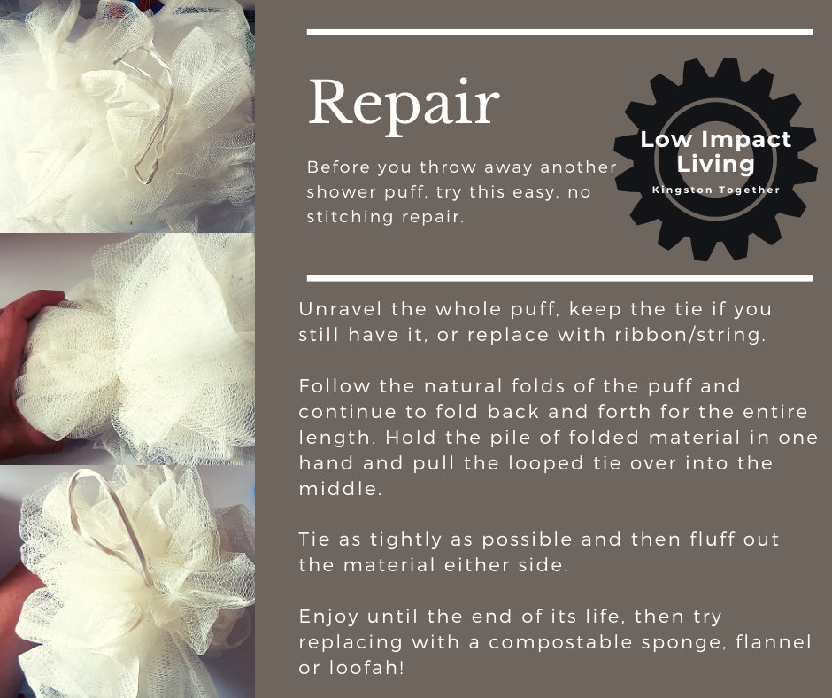 KT2gether's tweet photo. 🚿Has your plastic shower puff unravelled? Before you throw it away and switch to plastic free have a go at repairing it. 
♻️There are a few ways, but this is a simple stitch free way! Let us know how you get on.
@PlasticFreeJuly #kingstontogether #lowimpactliving https://t.co/c2wmhPDHxW