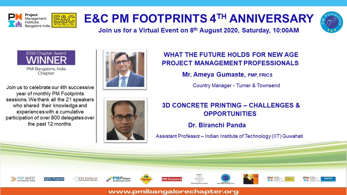 PMIBangalore's tweet photo. #pmiblr #ECFP #4th Anniversary is on #8thAug. Have you registered ? The sessions will focus on #3DConcretePrinting and forecasting the future as #PMPs delivered by speakers from academia and corporate. Register today @ 
https://t.co/F11pRqgiA5 https://t.co/wkY4OZMlhg
