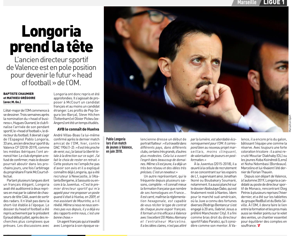 Votlin's tweet photo. 🇪🇸 #Longoria prend la tête
L’ancien DS de Valence est en pole pour devenir le futur « head of football » de l’#OM.
⚽️#PrepaOM Thauvin, les recrues et les minots
2 victoires, 1 défaite – contre DAC 1904 (1-2), hier – et qqs satisfactions.
#teamOM #mercatom #eyrauddemission #FCDOM https://t.co/kAvvk7pwKi