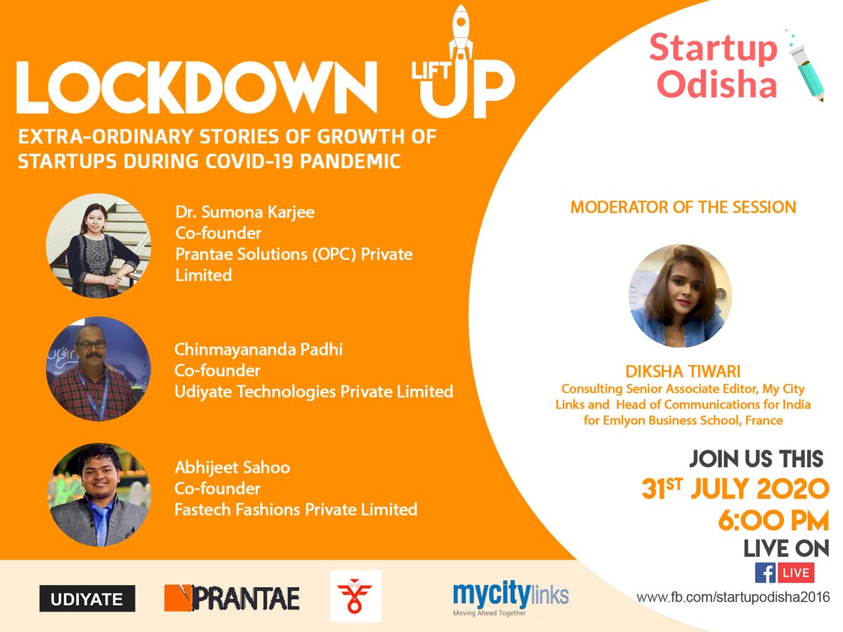 Join us in the second series of Lockdown Liftup to hear the amazing stories of How Startup founders of Odisha turned the COVID-19 Pandemic into an opportunity with <a href="/prantae/">PRANTAE</a> <a href="/cnp_udiyate/">Chinmayananda Padhy</a> @fastechfashions <a href="/Dikshya82/">Diksha Tiwari</a>.
<a href="/MyCityLinks/">My City Links | ODISHA</a> <a href="/startupindia/">Startup India</a> <a href="/investindia/">Invest India</a> <a href="/InvestInOdisha/">Invest Odisha</a>