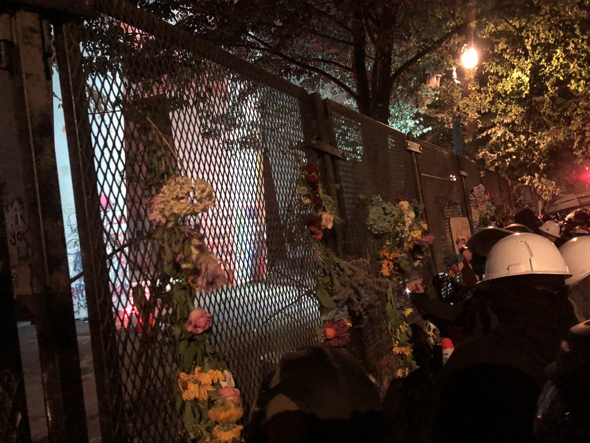 The Feds retreated inside after being covered in pink paint. Also the part of the fence they shoot out of has been coated in caulking.  #blacklivesmatter    #Protests  #pdx  #portland  #oregon  #blm  #acab  #PortlandProtest  #PDXprotest  #PortlandStrong  #WallOfVets  #wallofmoms