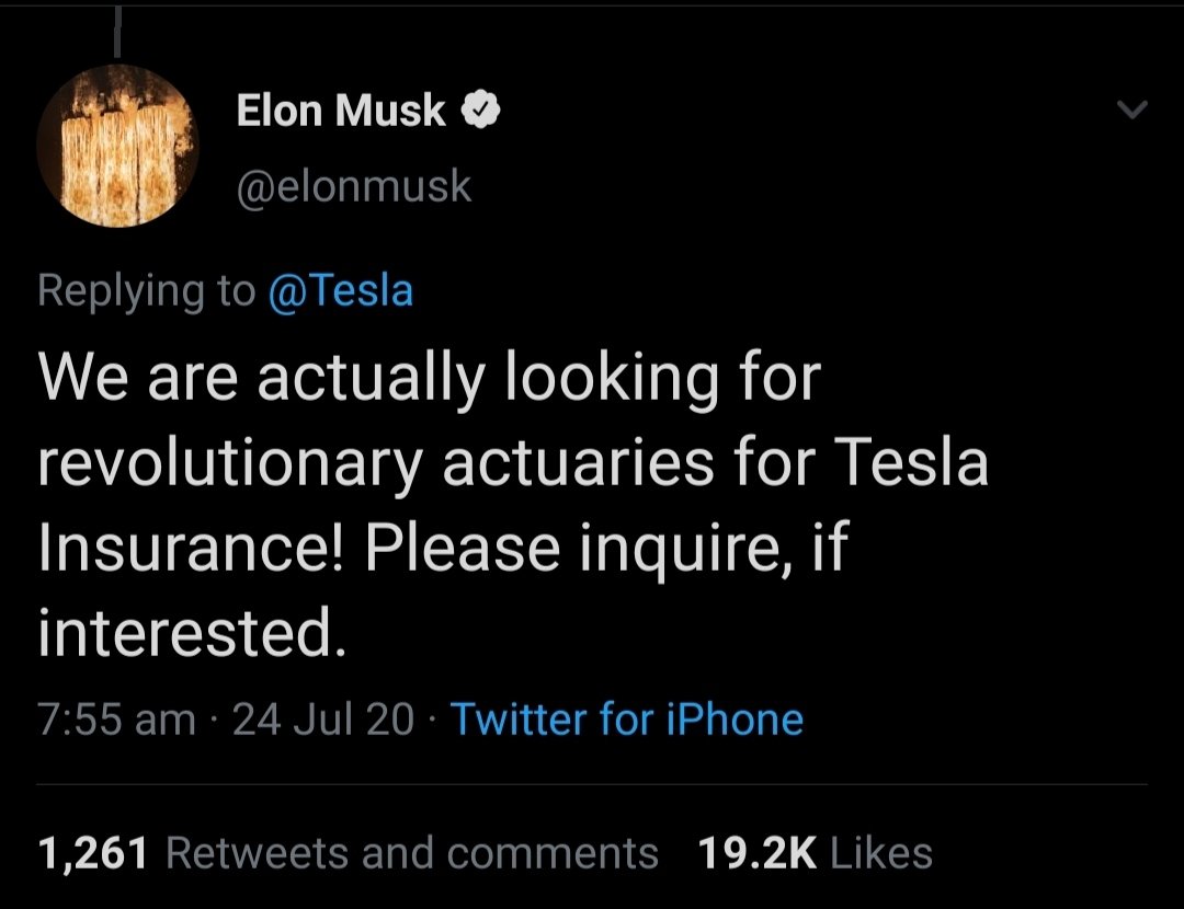 CLmarine7's tweet photo. Recent post of Elon Musk #tesla_insurance $link #chainlink https://t.co/Mp8Yi08mnK