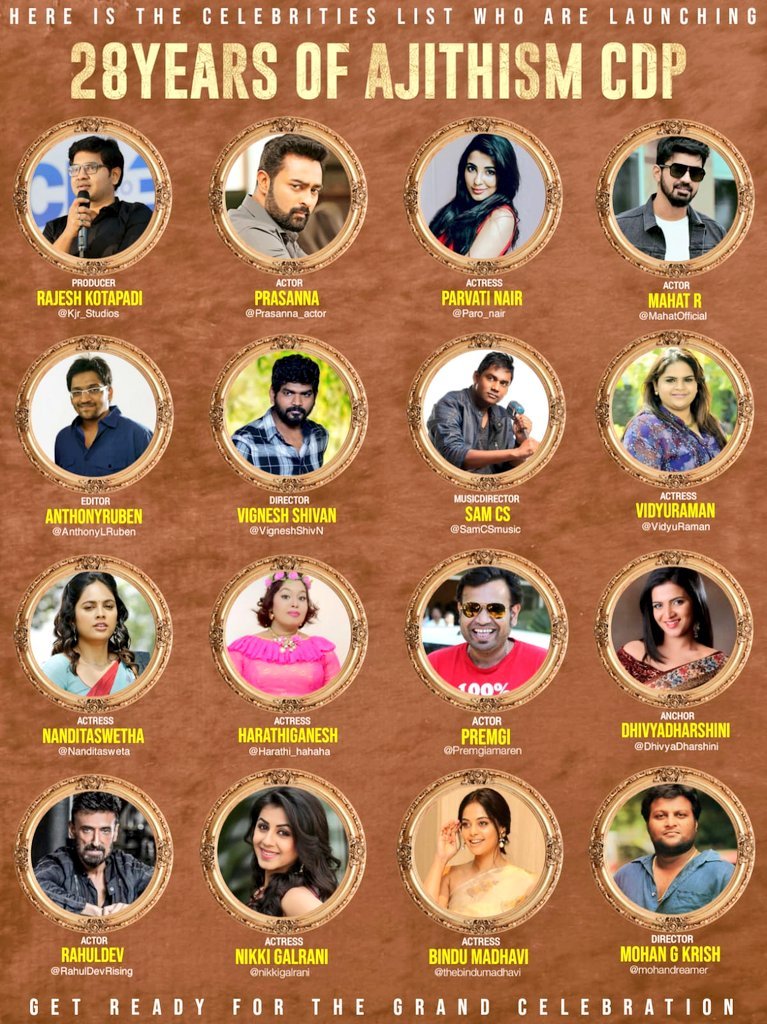 its__Abinesh's tweet photo. Here is the celebrities list who are launching #28YearsOfAjithsm CDP...💥💥 Get ready for grand celebration #Ajithians 💪🥳

#Valimai #ThalaAjith #AjithKumar
#AjithismCDPCelebritiesList https://t.co/5UO0kOXsva