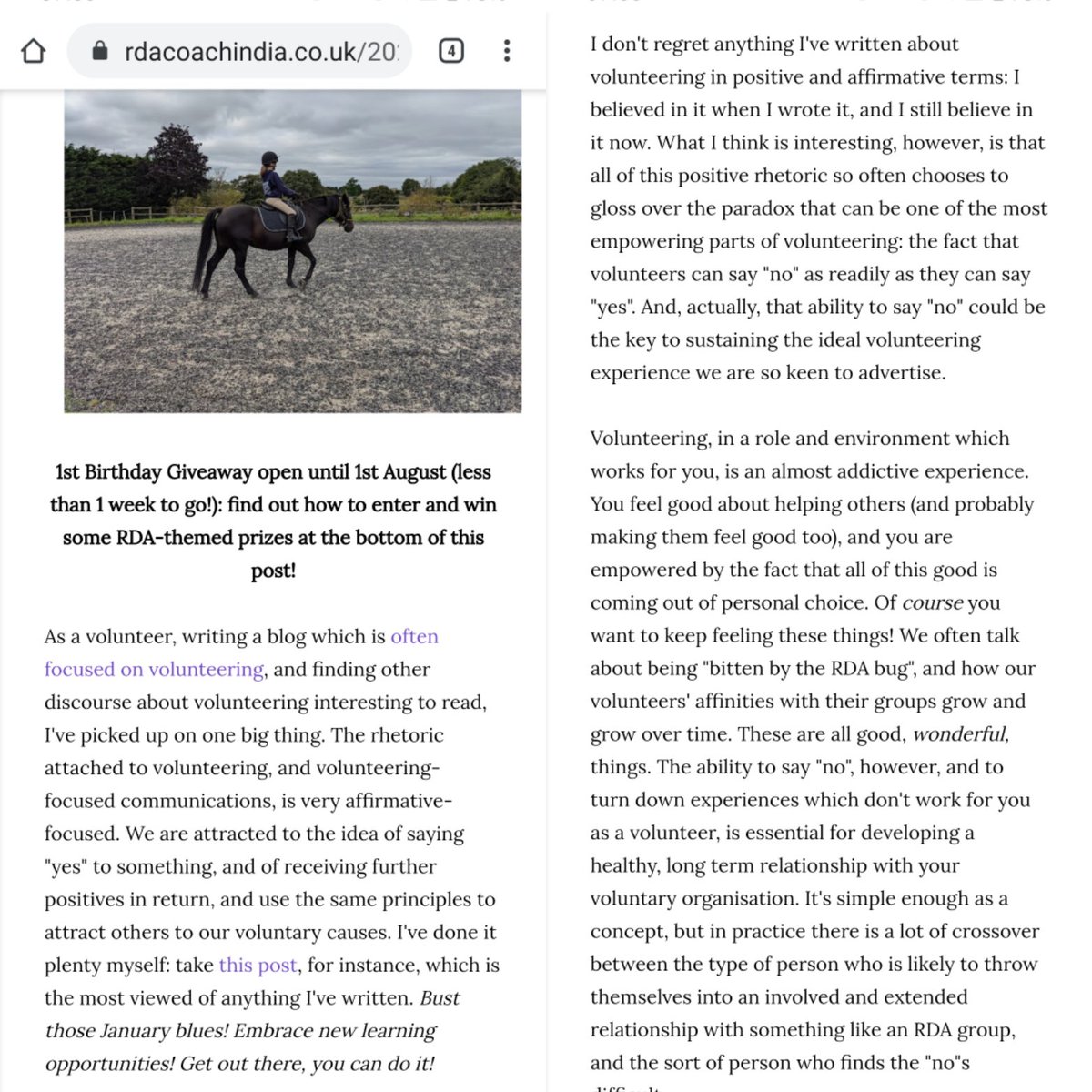 IndiaCCD's tweet photo. 🙅♀️NEW BLOG POST🙅♀️
Just say no to... #Volunteering opportunities? Time to talk about the power and positivity of volunteers who are able to say "no", in RDA and beyond!
https://t.co/joHUw4Eo74
#EquineBlogShare #HorseBlogger #RidingfortheDisabled #VolunteerBlog https://t.co/7gGQUvayik