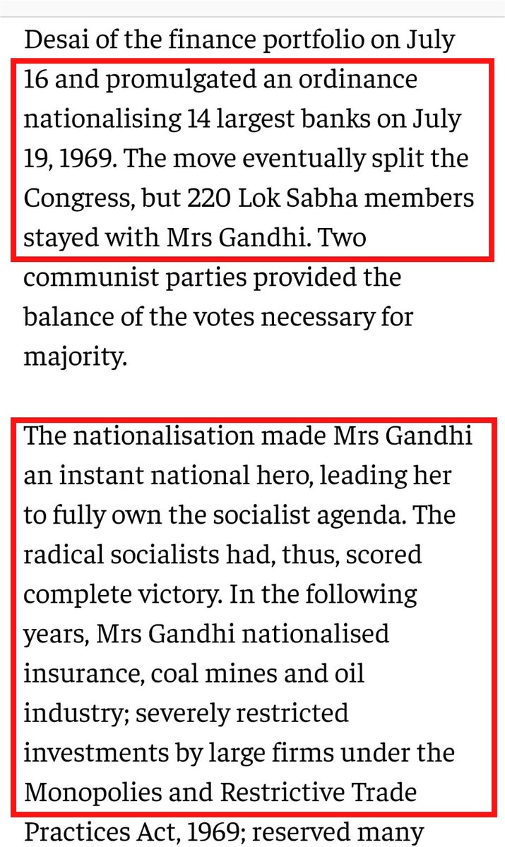 The major decision why Morarji Desai & veteran Congress leaders went against Indira was nationalising 14 largest banks.After alliance with Communist, Indira adopted far left policies, went ahead to nationalise insurance, coal & oil industryAll major gov jobs went to communist