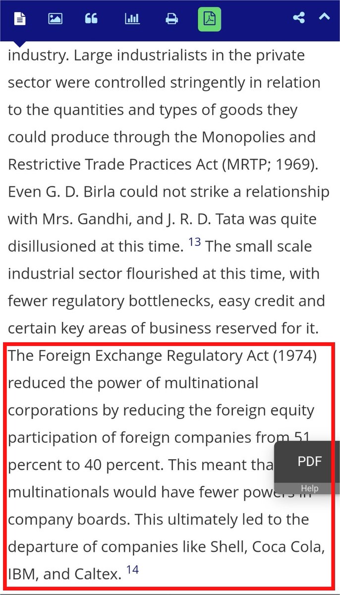 Indira had strained relations with top business groups like Birla & Tata and in 1974, she brought 'The Foreign Exchange Regulatory Act(1974) where foreign equity couldn't exceed 40%This led to exit of multinational companies like Shell, IBM, Coca Cola, Caltex, etc