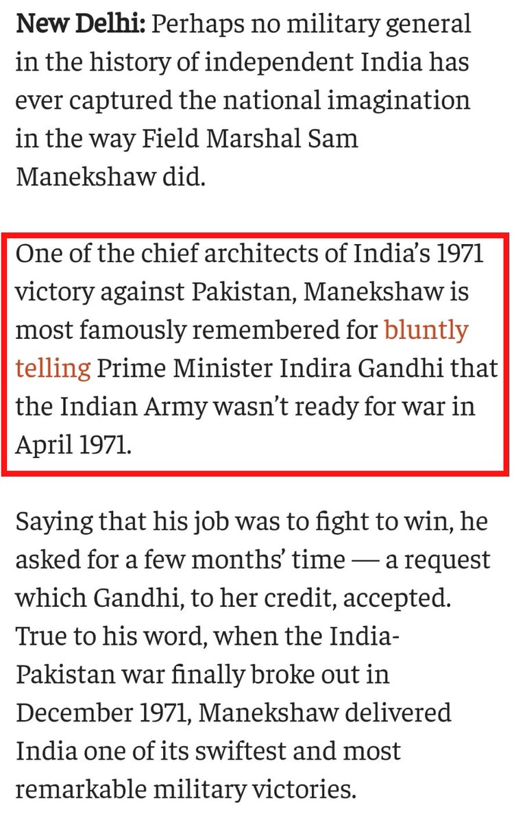 She was called Iron Lady for her victory in 1971 Bangladesh War, but in reality the Hero was Sam Maneckshaw who denied a war in April 1971, saying Army needs time to prepare & in December 1971 he delivered the victory as he had promisedGandhis didn't attend funeral of Maneckshaw