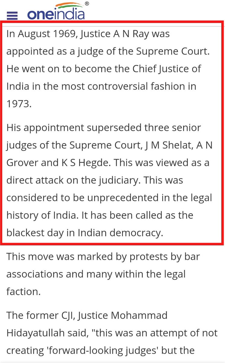 Now some dumbos keep blaming Modi gov for not pursuing corruption charges on Congress.Congress is well protected frm Judiciary as Indira started this trend in 1973 by appointing a pliable judge as Chief Justice of India by superseding 3 senior judgesBlack Day in history of SC