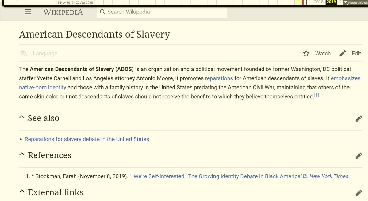 WikipediaThe admin intentionally minimized  #ADOS aim for reparations & a black agenda by focusing on immigration & ethnic differences. Wikipedia absorbed Talib's talking points against Yvette Carnell on immigration. The admin rejects most corrections. https://en.m.wikipedia.org/wiki/American_Descendants_of_Slavery
