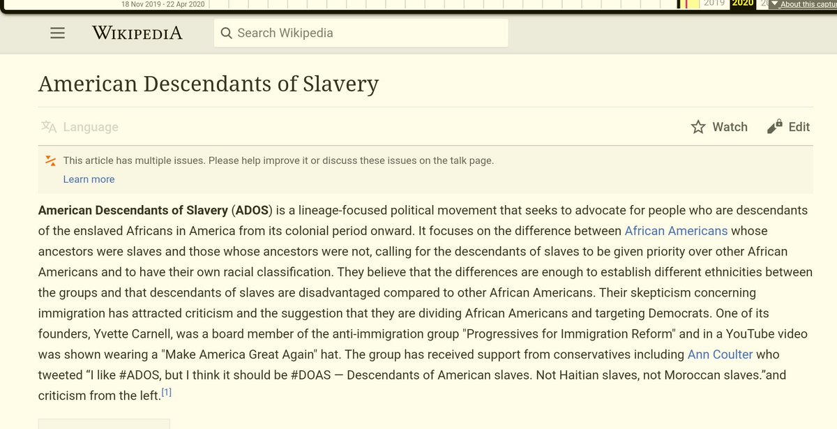 WikipediaThe admin intentionally minimized  #ADOS aim for reparations & a black agenda by focusing on immigration & ethnic differences. Wikipedia absorbed Talib's talking points against Yvette Carnell on immigration. The admin rejects most corrections. https://en.m.wikipedia.org/wiki/American_Descendants_of_Slavery