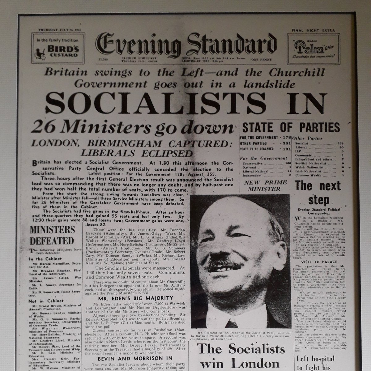 75 years ago today, this was the headline of the Evening Standard - as Clement Attlee's Labour won the 1945 general election by a landslide"From the start the strong swing towards Socialism was clear ..."