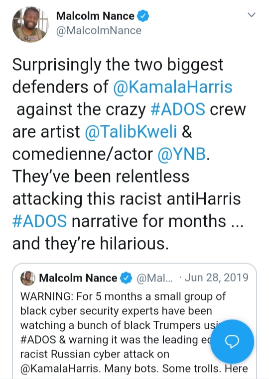 #21Malcolm NanceMSNBC / US Intelligence StrategistWith Yvette Nicole Brown, Malcolm Nance is one the most consistent partners with Talib Kweli---via Joy Reid/MSNBC---who chose to undercut, Yvette Carnell & her political movement. https://twitter.com/MalcolmNance/status/1144559506325680128?s=20