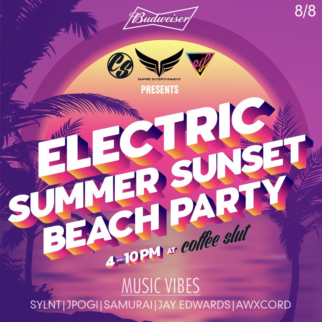 eifestival's tweet photo. Summer is not over yet! Our first collab event at coffee slut on August 8th from 4-10pm! Bring your swimsuit, grab some drinks, and enjoy the sunset! https://t.co/IjrnT2tb0Q