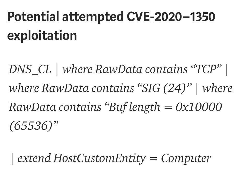 matthieugarin's tweet photo. Sympa (et utile !) : partage de la conf #Sentinel permettant de détecter l'exploitation de la vuln DNS CVE-2020-1350 🔥👍

🌐 Activation du DNS logging, conf du custom log Azure Sentinel, conf des alertes... https://t.co/oWVIKHgQar https://t.co/dWYfTki9Vv