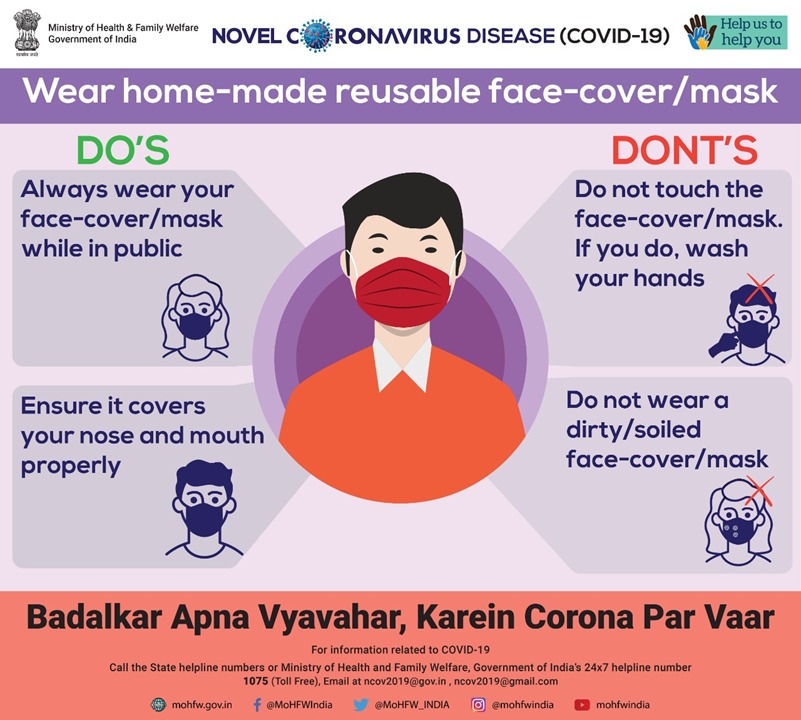MoHFW_INDIA's tweet photo. #IndiaFightsCorona
Wear your home-made reusable face-cover/mask properly, at all times. Share this information and help us to help you.
#BadalkarApnaVyavaharKareinCoronaParVaar #TogetherAgainstCovid19 https://t.co/PZ3woD7kn7