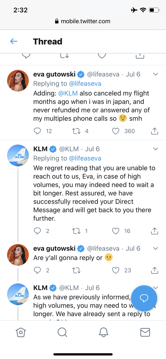 Daisylilfeather's tweet photo. @ChrisKlemens @lifeaseva shes so out of touch that she out here bashing airlines on her huge platform like a spoiled brat. Seriously? Like you don’t need to be going on vacation right now. Lord help us all. https://t.co/p3s606Trwi