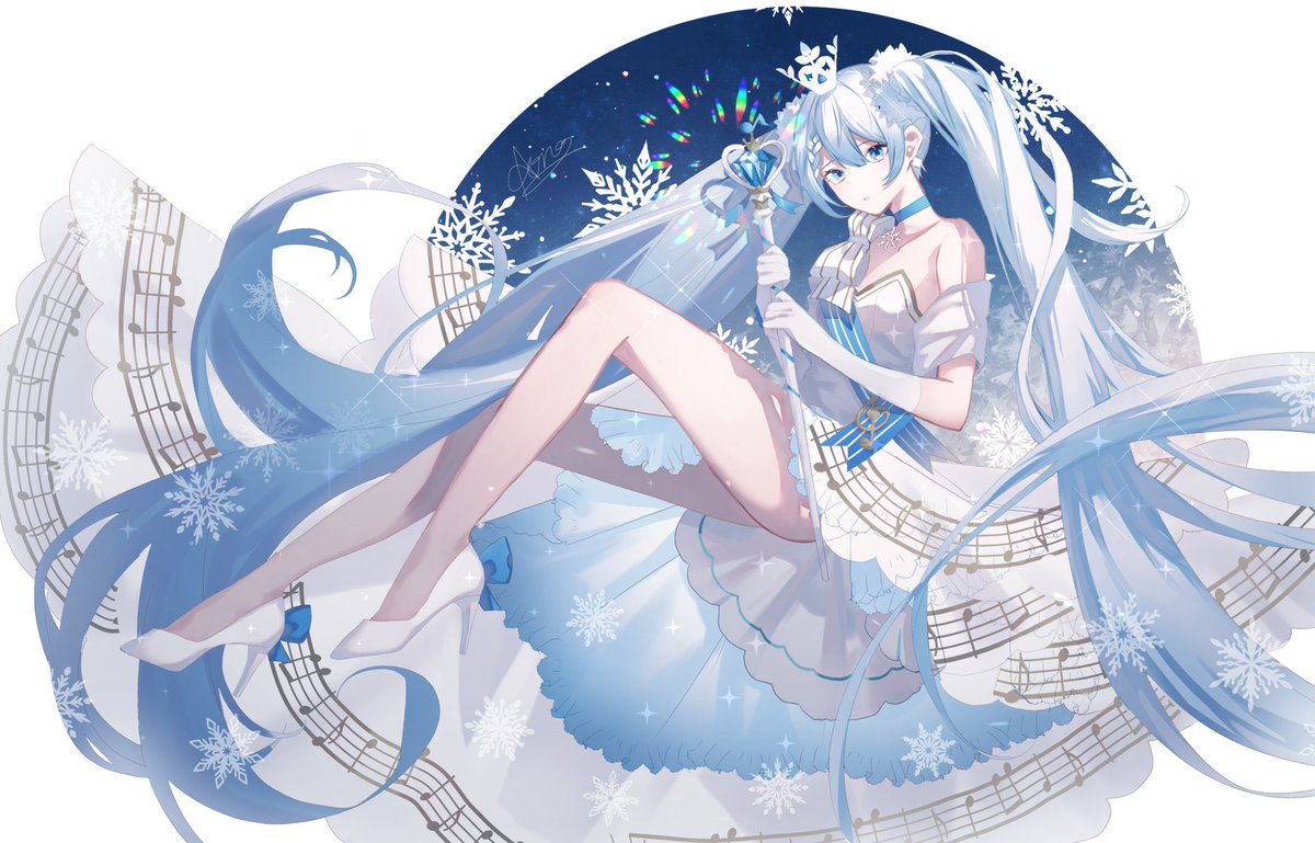 hatsune miku ,yuki miku 1girl long hair musical note dress snowflakes gloves very long hair  illustration images