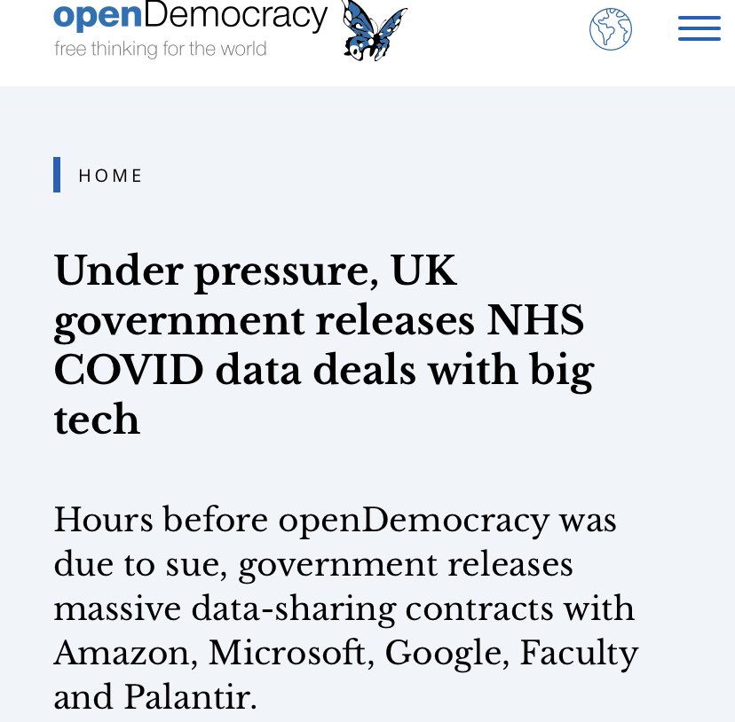 8/. Information about these Palantir contracts was not disclosed by the US & UK govts without a fight.In the US,  @nytimes had to sue the  @CDCgov under the Freedom of Information Act & in UK govt only revealed contract details on the eve of a lawsuit brought by  @openDemocracyUK.