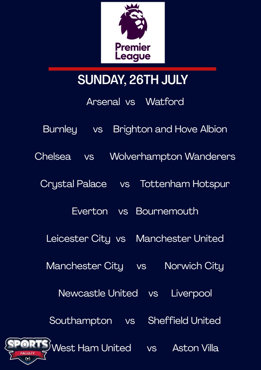 sportsfacultyng's tweet photo. Matchday 3️⃣8️⃣ of the 2019/20 #PremierLeague
.
Lots of action to look:
-Relegation Battle.
- Top 4 battle.
#LEIMUN #CHEWOL #MUFC #CFC #Sportsfaculty https://t.co/uGmdWeJD3j