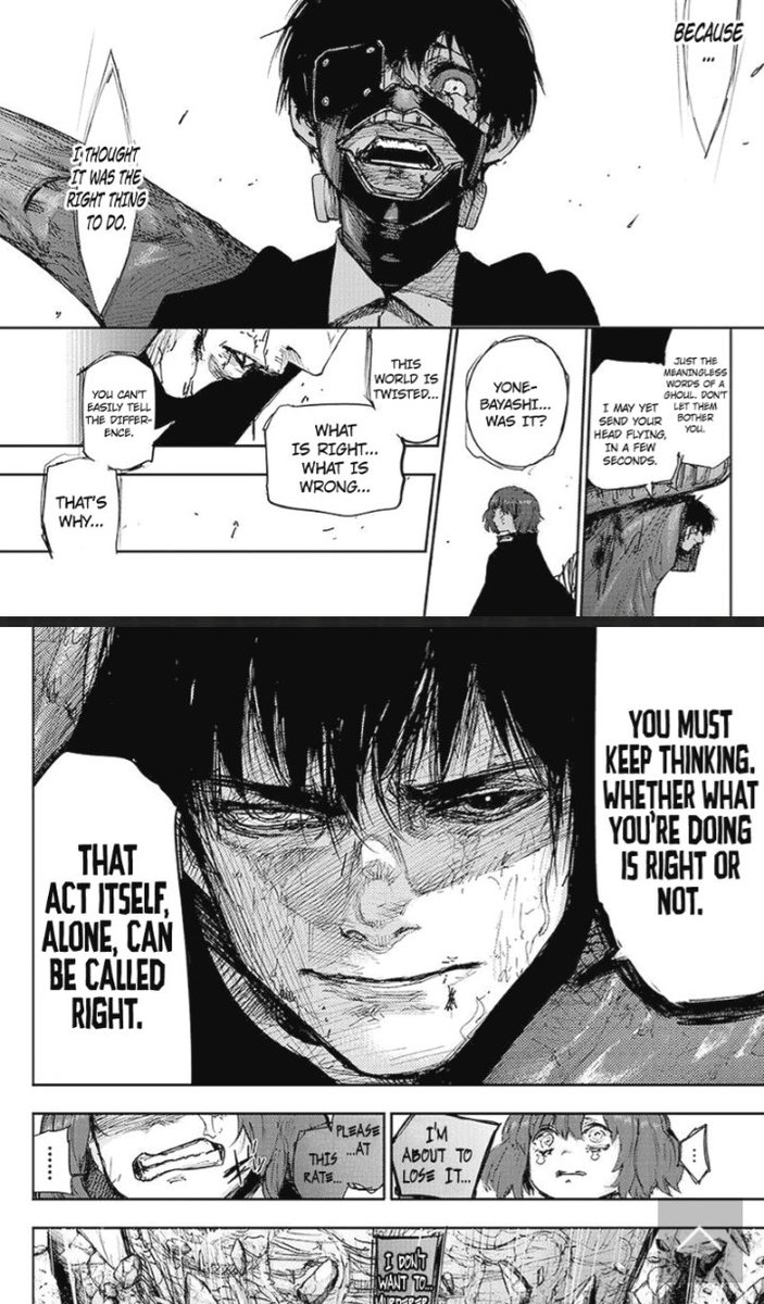 Amon mirroring that same first encounter he had with Kaneki. Also the importance of him giving Takizawa the cross. "I believe in you" is the sort of line you hear a lot in other manga but this time it felt like it had so much more weight behind it. This arc has been so good