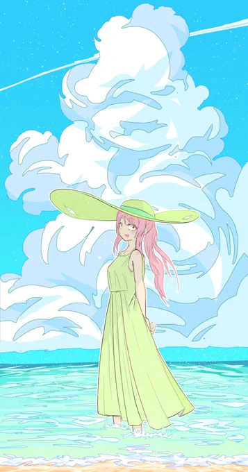 『夏やなぁ、笠さん。』

#笠さんとみなみちゃん #イラスト 
#夏 #海 #入道雲 
