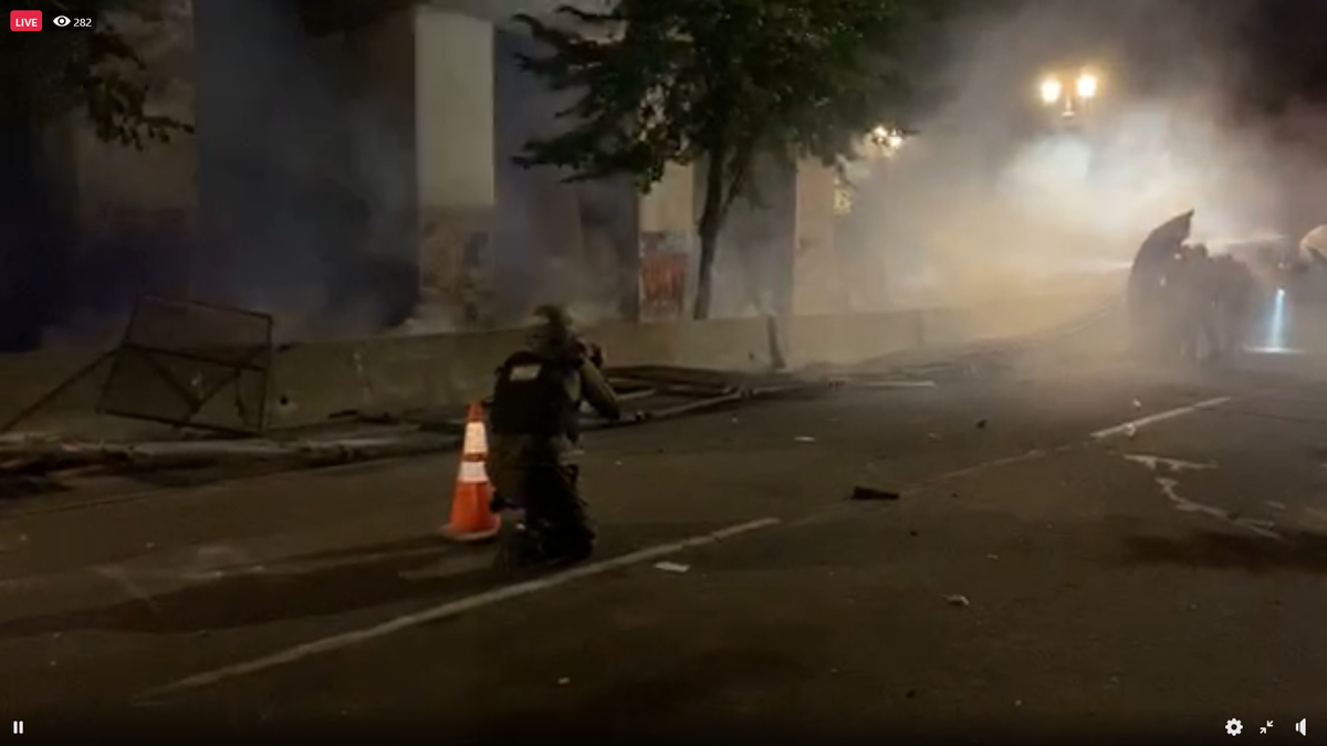 OWS_ellie's tweet photo. Fence down! Teargas, leaf blowers out!
#BlackLivesMatter #FedsGetOut #FedsGoHome #PortlandStrong https://t.co/myEaI0fq76
