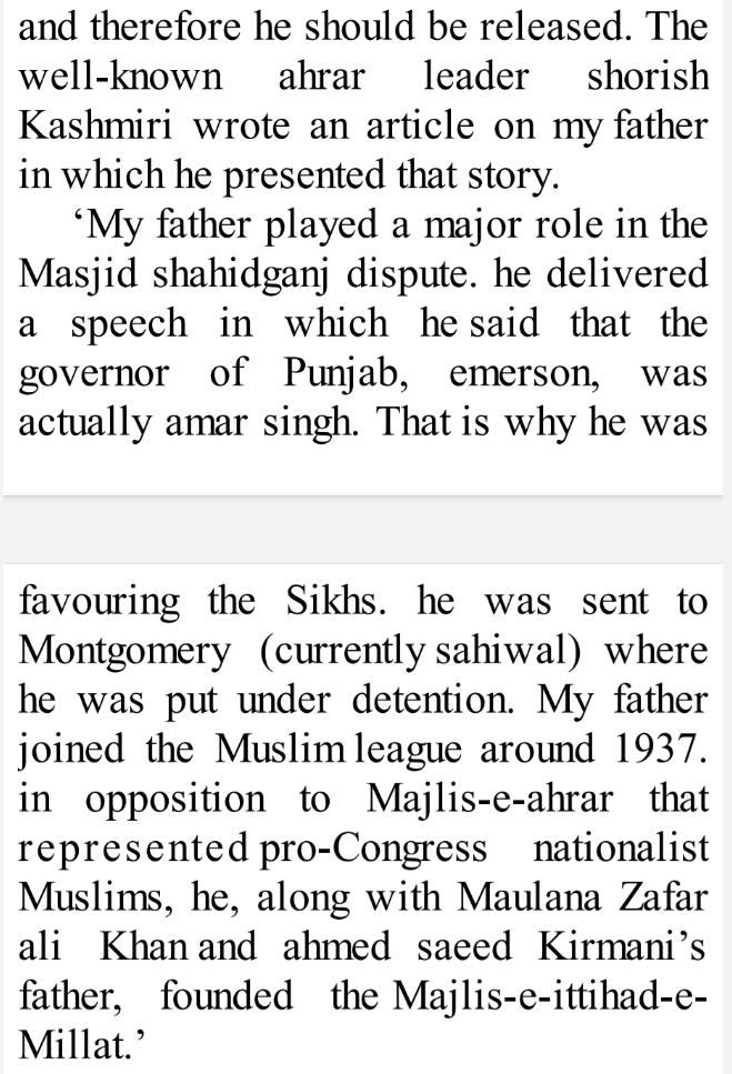 Mian Mustafa Kamaal "Pasha", an Arain Muslim born in 1928 in Lahore (named after the great Turkish leader), tells that his father, Mian Ferozdin, said in a speech that the governor of Punjab - Sir Herbert William Emerson was actually Amer Singh and so he was favouring the Sikhs.