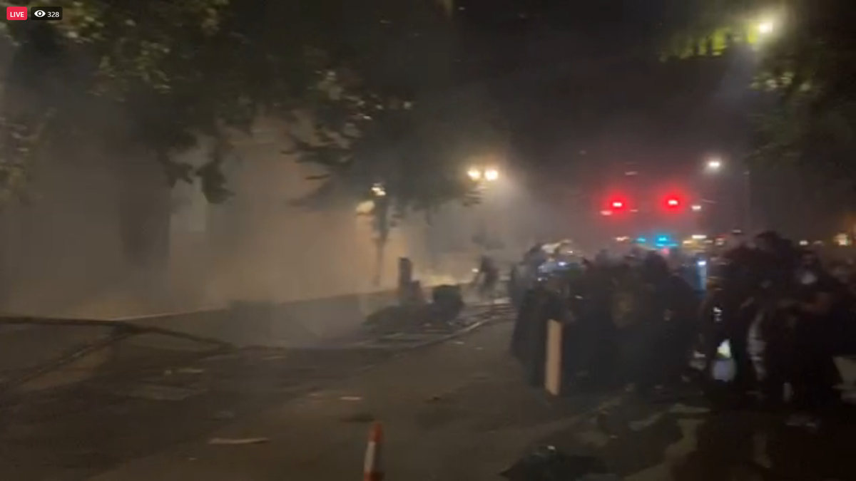 OWS_ellie's tweet photo. Fence down! Teargas, leaf blowers out!
#BlackLivesMatter #FedsGetOut #FedsGoHome #PortlandStrong https://t.co/myEaI0fq76