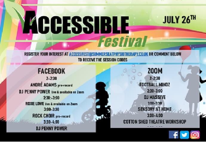 ITS HERE !!! 
Last day of this years Accessible Festival. Do not miss out, join us 2-4. Comment below or drop us an email for your session codes. Accessfest@summerseatphysiotherapy.co.uk