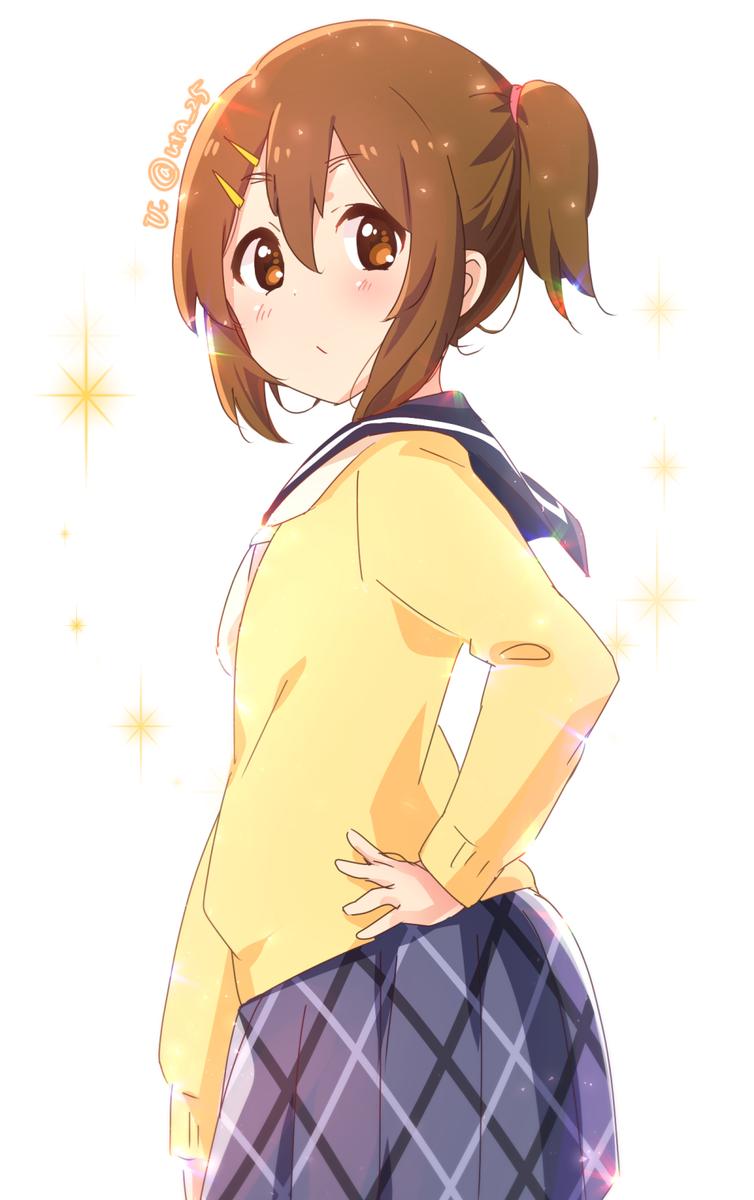 hirasawa yui 1girl solo brown hair skirt school uniform brown eyes yellow sweater  illustration images