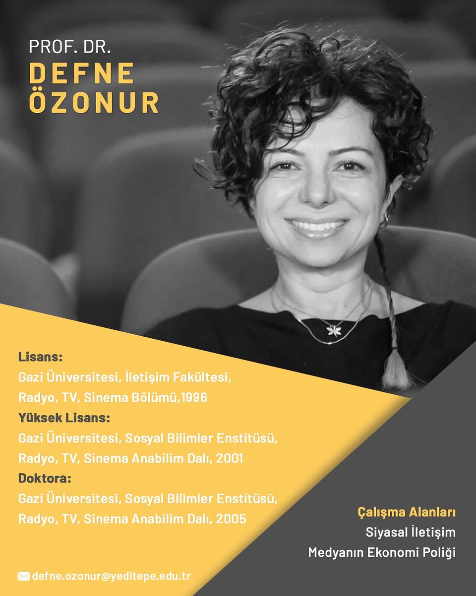Prof. Dr. Defne Özonur. Hocamızın akademik çalışmaları hakkında detaylı bilgiye web sayfamızdan ulaşabilirsiniz. 

Radyo, Televizyon ve Sinema Bölümü Online Tanıtım Linki: meet.google.com/gze-ocuq-foi