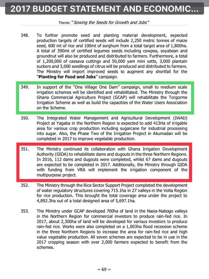 In the NPP’s first budget presented to Parliament in 2017, look at what Ken Ofori Atta the finance minister said about 1V 1DHe acknowledges John Mahama’s gov’t had built 112 of such dams and dug outs in 2016He further said 67 were expected to be completed in 2017