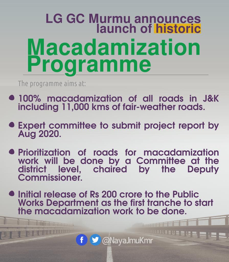 NayaJmuKmr's tweet photo. GREAT NEWS
LG Murmu announces launch of Historic Macadamisation Program. 100% macadamisation of all roads in JK including 11,000kms of fair-weather roads. Rs 200 Crores released as first tranche so that the work on priority roads can commence forthwith.
#NayaJmuKmr
#Connectivity https://t.co/SVcwz6tLfp
