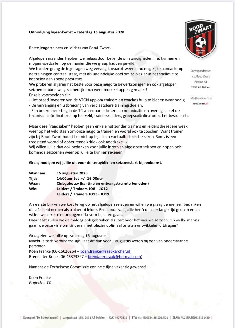 Start nieuwe seizoen!! 
Voor alle jeugdtrainers en jeugdleiders trappen we het nieuwe seizoen af op:
Zaterdag 15 augustus van 14.00 tot 16.00

Zorg dat je er bij bent!!