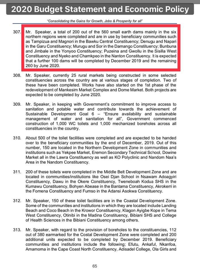 In the 2020 budget statement sent to Parliament in November 2019, Ken told us he would give us numbers so we waited for the numbers Look at the numbers and see if it adds upHe said 200 dams were completed and in use and by Dec 2019, 100 will be added as complete making 300