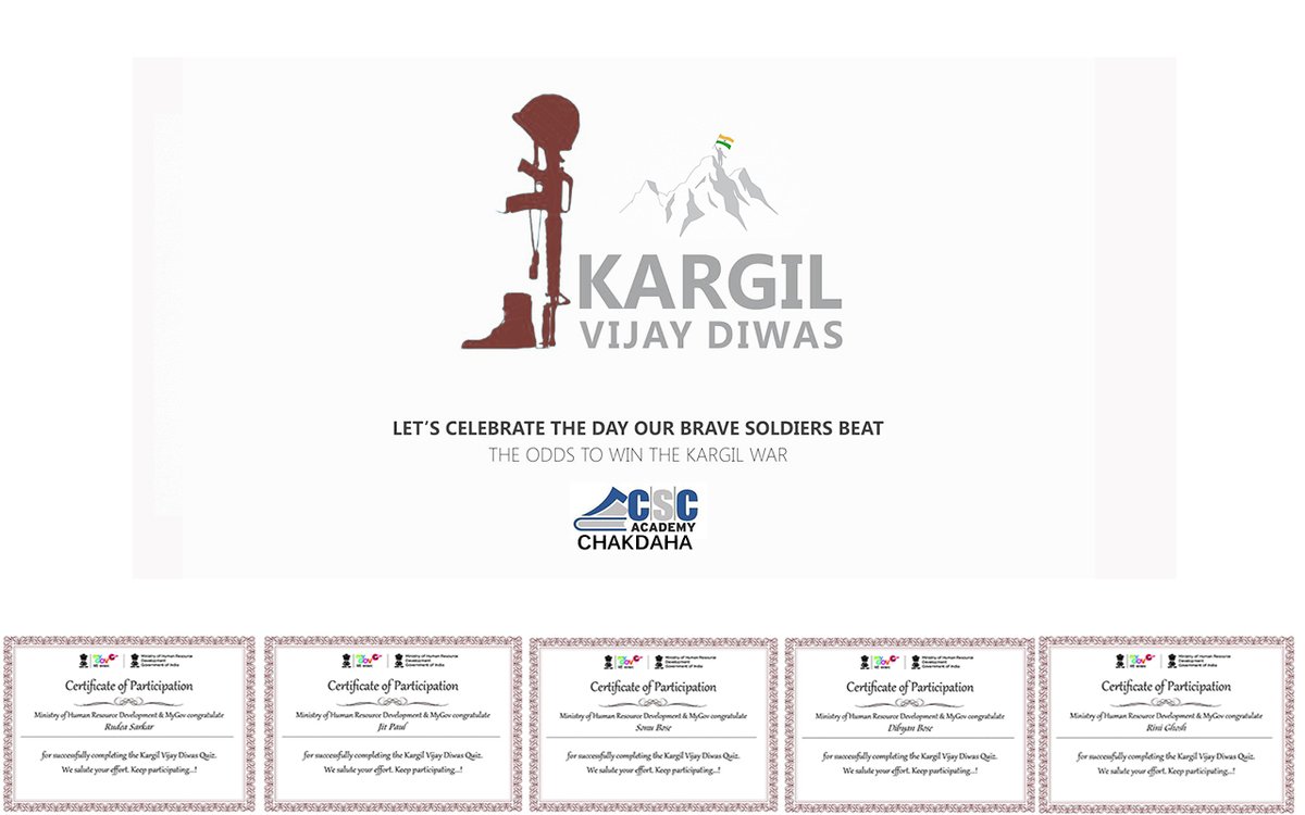 CSCChakdaha's tweet photo. CSC Academy Chakdaha Salute the daring soul of India. 
Over 50 students of our Academy took part in a Kargil Vijay Diwas Quiz 2020 organized by Ministry of Human Resource Development (MHRD)
#KargilVijayDiwas2020 
#KargilVijayDiwas 
@CSCegov_ 
@dintya15 
@avik_bairagya 
@suman_mmc https://t.co/SmBsgr32ZH